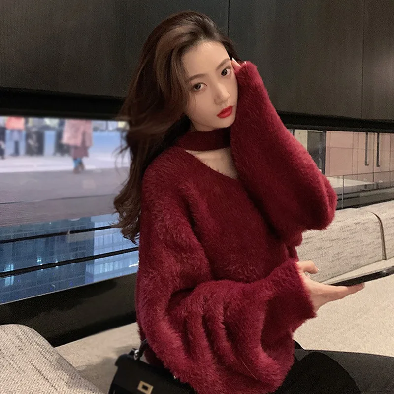 Ретро секси жена пуловер с дълъг ръкав, тънки висящи силует, обикновен женски пуловер, есен и зима, Корейски стил Изображение 5