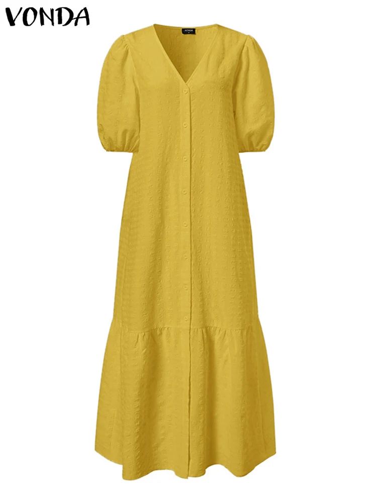Секси лятна рокля Случайни Свободен Монофонични халат 2023 VONDA Femme Годишният стилен Макси-сарафан с V-образно деколте и с пищните ръкави Изображение 4