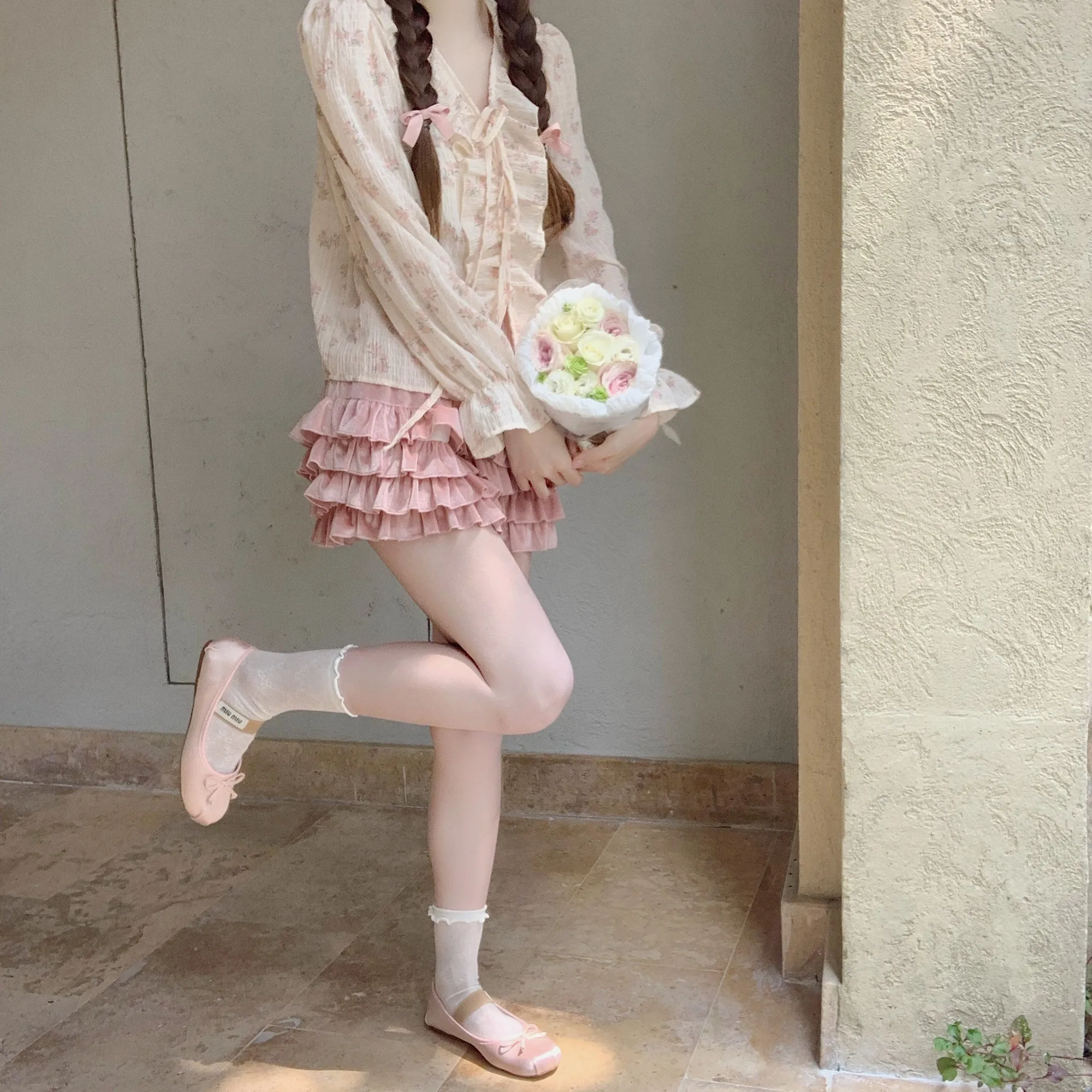 Леко сладък гъбички момичешки стил силует на експозиции цветен шифон риза с дълъг ръкав цветна риза Японски Нов стил Изображение 3