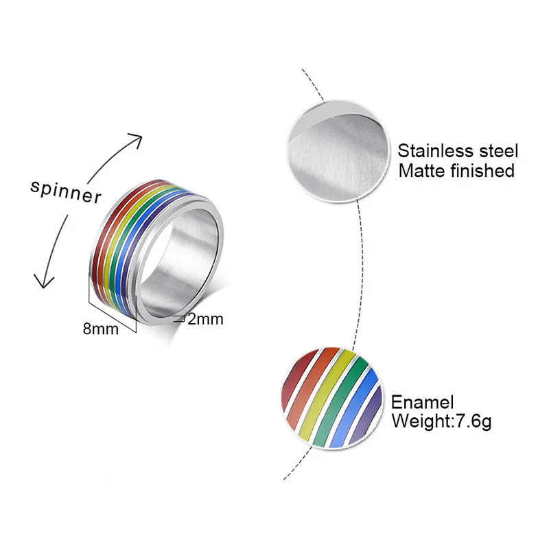 Пръстен за облекчаване на стреса Marina 8mm Spinner от неръждаема стомана Rainbow Lines, ежедневни бижута Гордост за ЛГБТ Изображение 1
