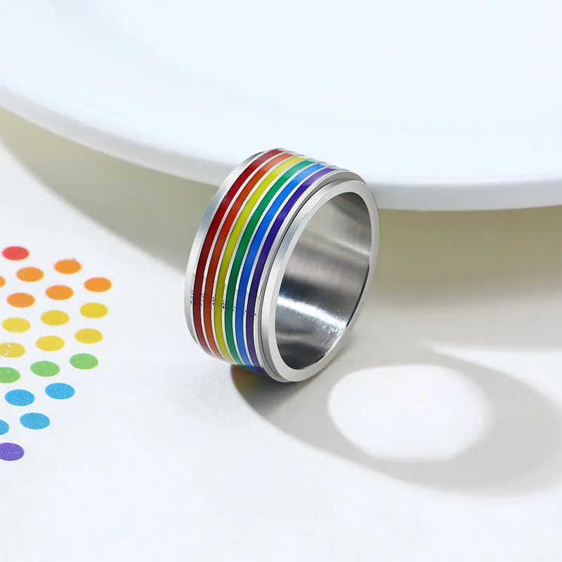 Пръстен за облекчаване на стреса Marina 8mm Spinner от неръждаема стомана Rainbow Lines, ежедневни бижута Гордост за ЛГБТ Изображение 2