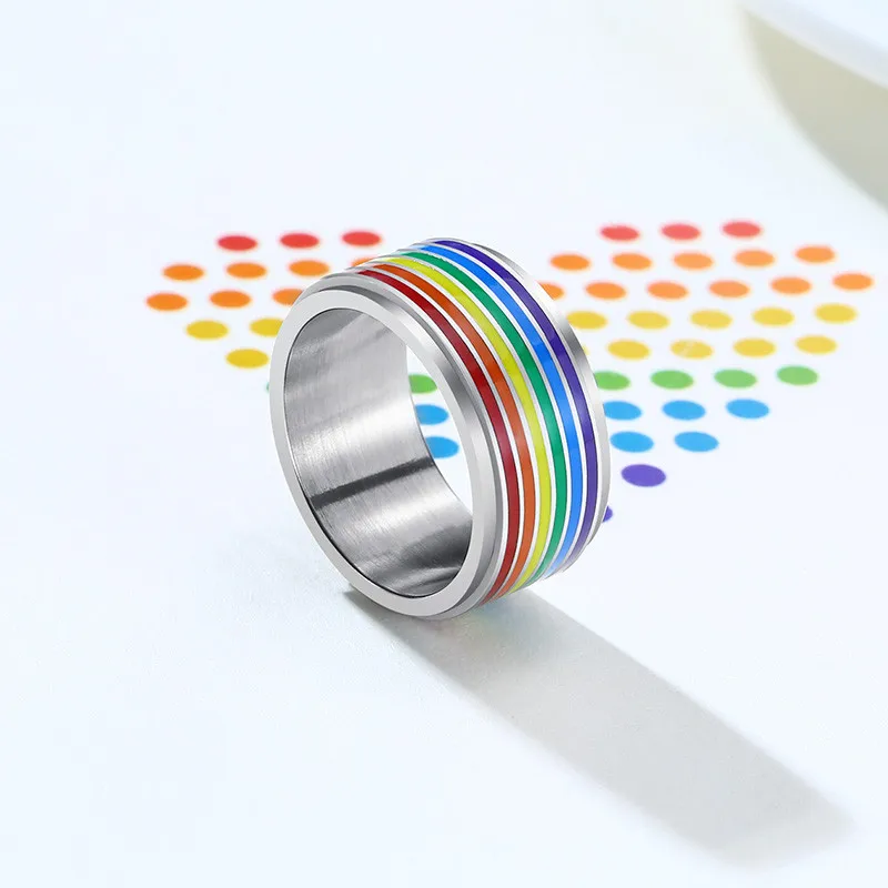 Пръстен за облекчаване на стреса Marina 8mm Spinner от неръждаема стомана Rainbow Lines, ежедневни бижута Гордост за ЛГБТ Изображение 3