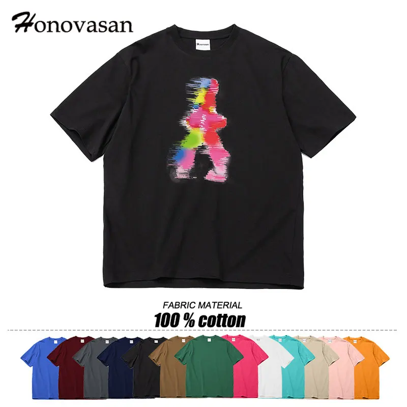 Honovasan Harajuku Шик свободни тениски, мъжки Летни тениски от 100% памук с принтом, мъжки модни дамски пуловер с къс ръкав Изображение 1