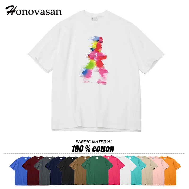 Honovasan Harajuku Шик свободни тениски, мъжки Летни тениски от 100% памук с принтом, мъжки модни дамски пуловер с къс ръкав Изображение 2