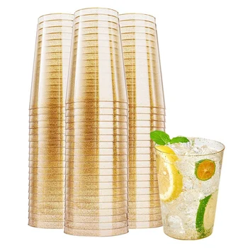 50ШТ Пластмасови Чаши за вино със златен блясък, Прозрачни Чаши за Еднократна употреба За коктейл Мартини
