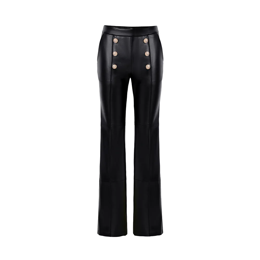 Европейските стилни Зимни панталони от изкуствена кожа, дамски панталони с висока талия, леко разкроена, широки, двубортные Женски Обикновена панталони Изображение 0