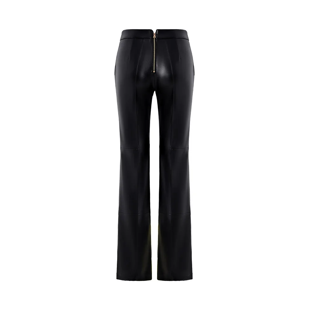 Европейските стилни Зимни панталони от изкуствена кожа, дамски панталони с висока талия, леко разкроена, широки, двубортные Женски Обикновена панталони Изображение 1