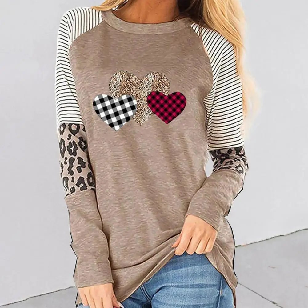 Дамски Клетчатая тениска с леопардовым принтом с кръгло деколте и дълъг ръкав, Цвят риза в стил Мозайка, Пуловер Свободно, Намаляване, Върхове Изображение 0
