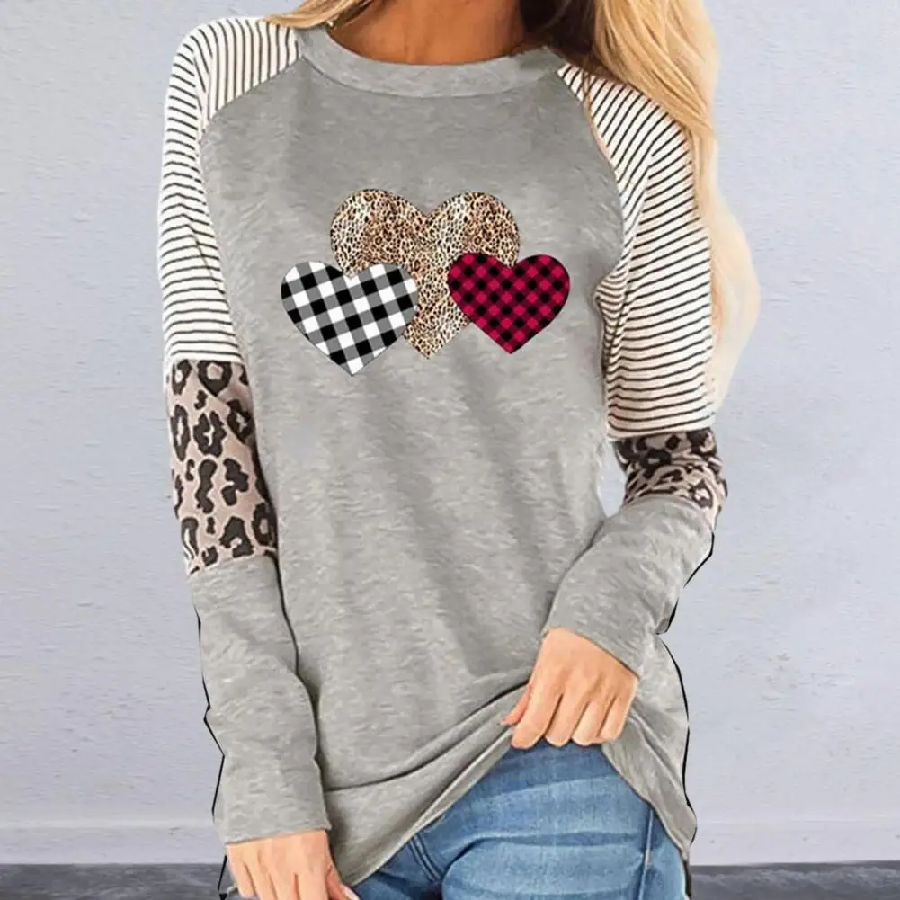 Дамски Клетчатая тениска с леопардовым принтом с кръгло деколте и дълъг ръкав, Цвят риза в стил Мозайка, Пуловер Свободно, Намаляване, Върхове Изображение 1