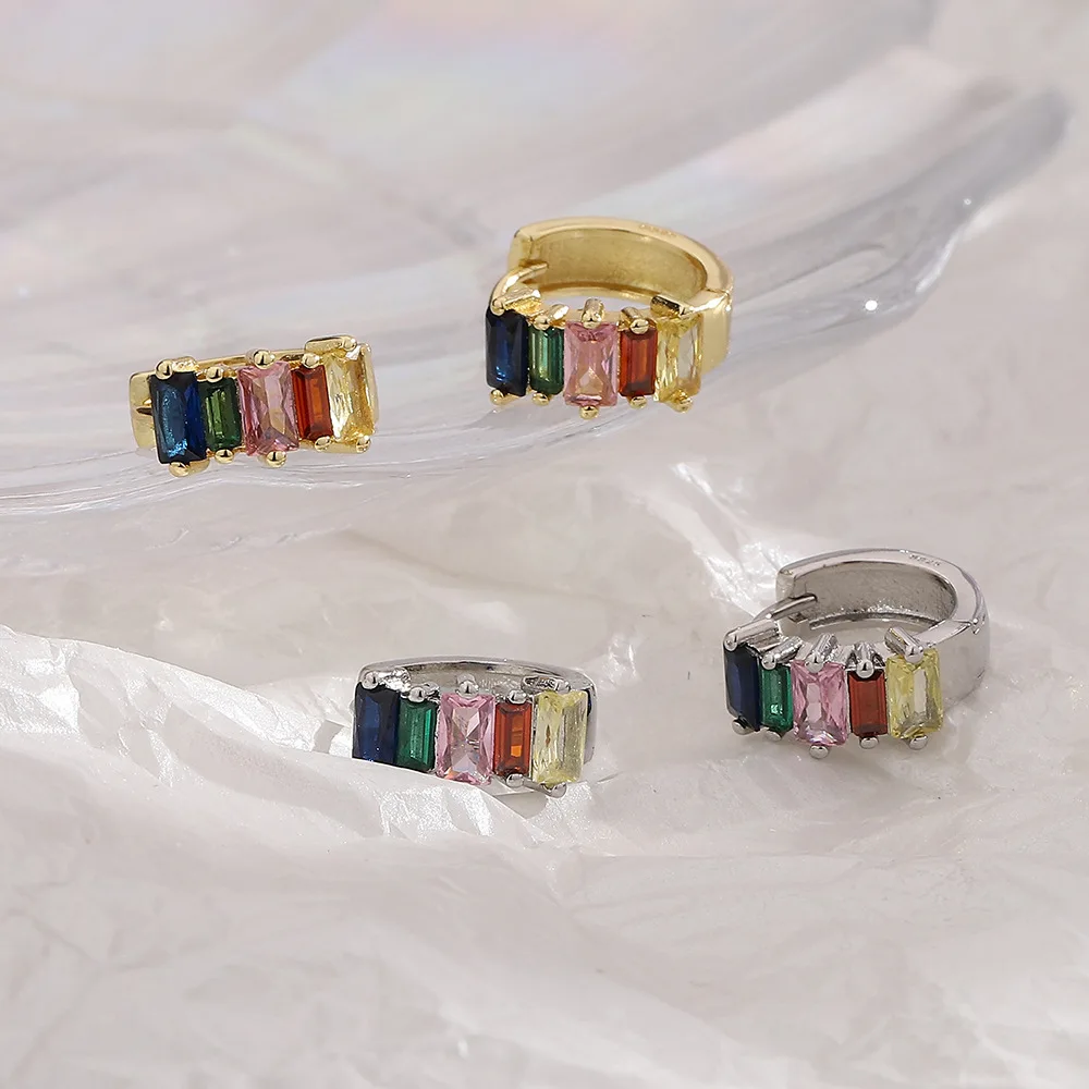 Преливащи обеци със сребърно покритие проба 925, дамски обеци-хагги от кристал CZ с цветни камъни, пръстени с нови медни обръча, Бижута arcoíris Изображение 5