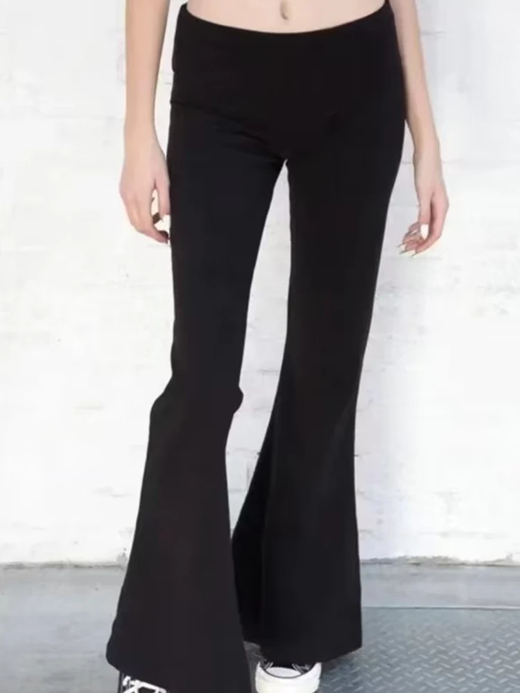 Ежедневни дамски модни Черни обикновен панталон-клеш 2023, лятна реколта дамски панталони с еластичен ластик на талията Mujer Изображение 1
