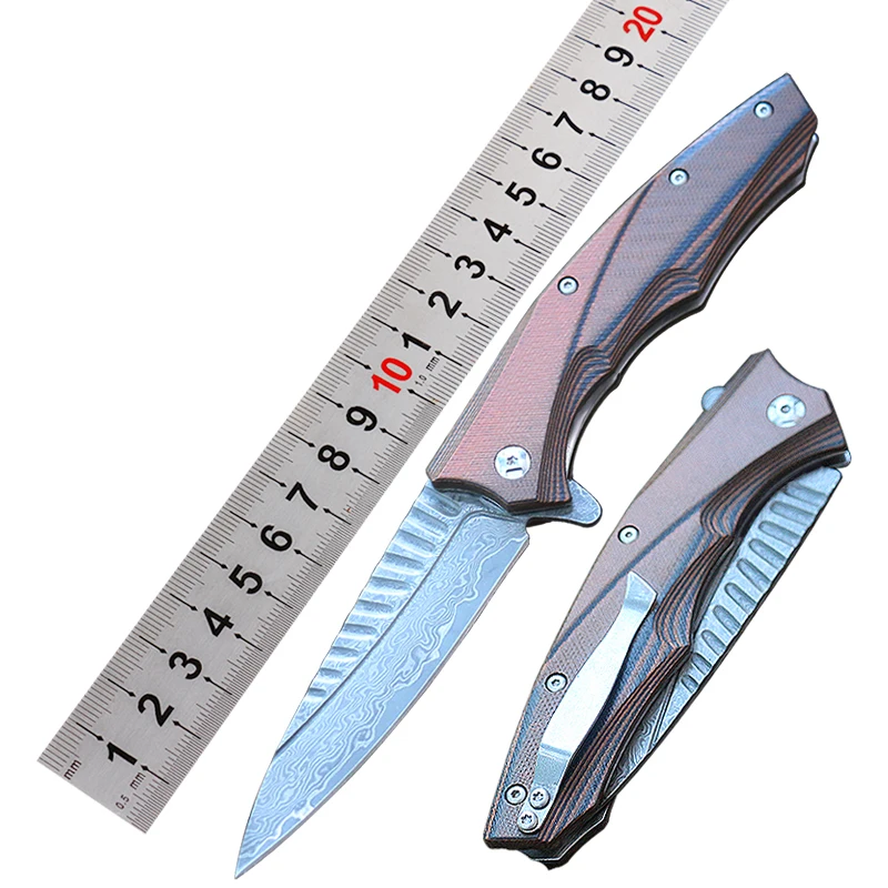 Дамасская стомана VG10 Джобен сгъваем нож за оцеляване Ловен нож за нощуване на открито Дървена дръжка Изображение 0