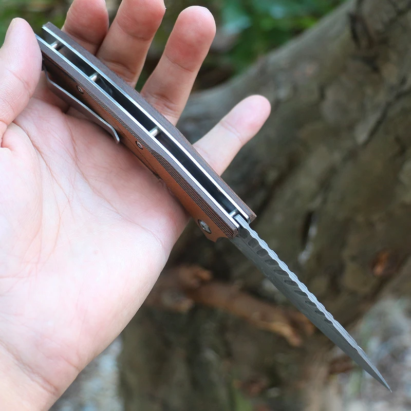 Дамасская стомана VG10 Джобен сгъваем нож за оцеляване Ловен нож за нощуване на открито Дървена дръжка Изображение 3