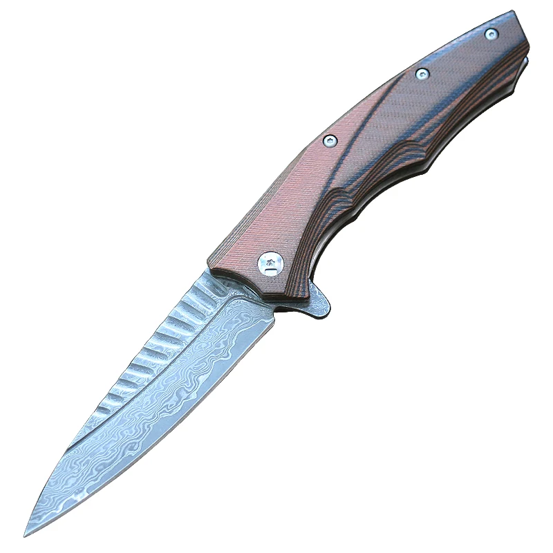 Дамасская стомана VG10 Джобен сгъваем нож за оцеляване Ловен нож за нощуване на открито Дървена дръжка Изображение 5