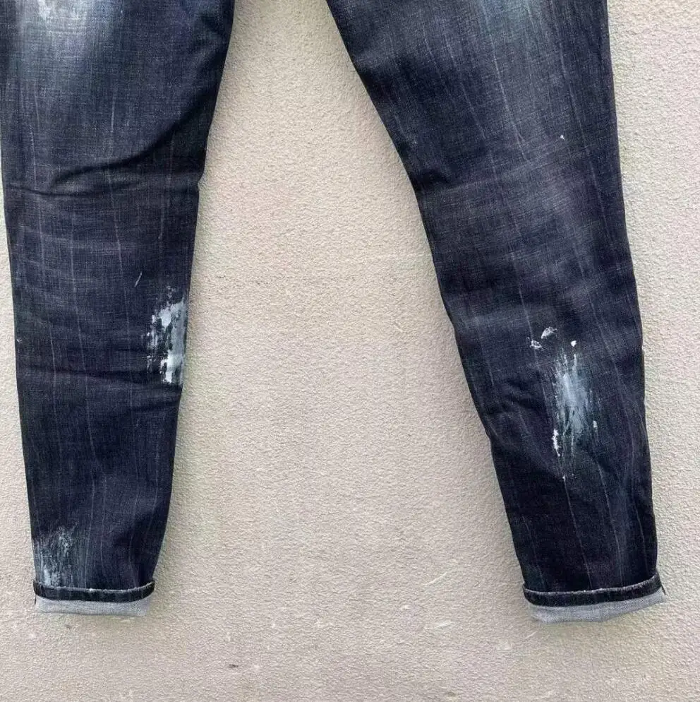 Мъжки модни джинси с дупки на High street, боядисани спрей, Модерни ежедневни панталони от деним за мото и колоездачи C010 Изображение 4