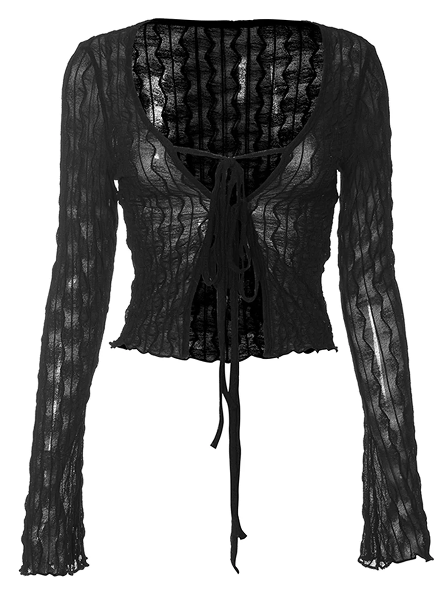 Дамски блузи с дълъг ръкав, прозрачна риза с вратовръзка отпред, случайни жилетка за клубна улицата дрехи, естетична облекло в стил гръндж. Изображение 5
