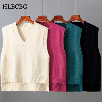 HLBCBG Модерен Зимен вязаный пуловер, Женски случайни пуловер с V-образно деколте, жилетка, универсална дамски дрехи без ръкави, Свободни топове, жилетки