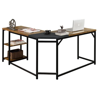 L-образна компютърно бюро за Офис бюро с 2-ярусными рафтове за домашния офис Черен кафяв [US-W]