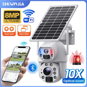 SHIWOJIA 4K 8MP WIFI Камера в слънчеви панели 4G СИМ-карта с 10-кратно увеличение, Двухобъективная камера с батерия за сигурност, Гуманоидное Проследяване, Цветно Нощно виждане