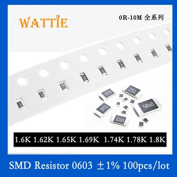 SMD резистор 0603 1% 1.6 K 1.62 K 1.65 K 1.69 K 1.74 K 1.78 K 1.8 K 100 бр./лот микросхемные резистори 1/10 W 1.6 мм * 0.8 мм