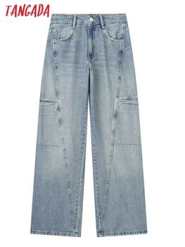 Tangada 2023 Дамски сини Дънки с широки штанинами, Панталони с джобове, Дамски Дълги дънкови панталони 3H126