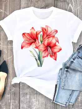 Акварел цвете Тенденция на цветята стил Дамски графична тениска с къс ръкав Дамски тениски с модерен принтом