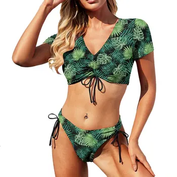 Бикини с тропически палмови листа, бански с повдигащ, комплект бикини със зелен принтом Плевели, Реколта бански костюми, индивидуални бански, Секси плажни дрехи за сърфиране