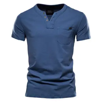 Висококачествена Лятна Мъжка тениска, Ежедневни, Класически Блузи, Мъжки дрехи, Блузи, Тениски, Мъжки Однотонная Памучен Къса Тениска С V-образно деколте