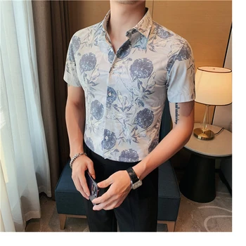 Висококачествени Мъжки Ежедневни риза с къси ръкави и контрастен цветен принтом, Мъжки Клубна тениска с цветен модел 2023, Лятна Нова Мъжка риза-Смокинг