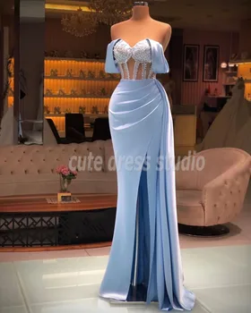 Елегантни вечерни рокли бледо-сини цветове за жени, рокля за абитуриентски бал в стил русалка, сатен облекло за сватбен прием, расшитая мъниста