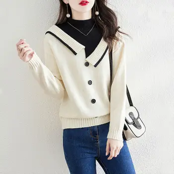 Есен-зима, нови дамски пуловери-wild контрастен цвят, с кръгло деколте и копчета, модерни ежедневни блузи с дълъг ръкав