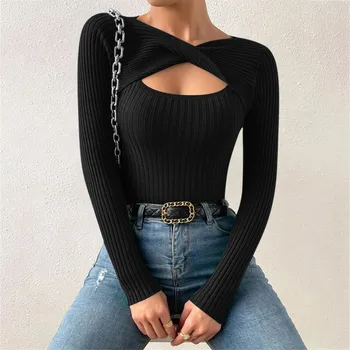 Жена случайни пуловер с дълъг ръкав, отворени ризи с кръгло деколте, базова тениска, женски жилетка
