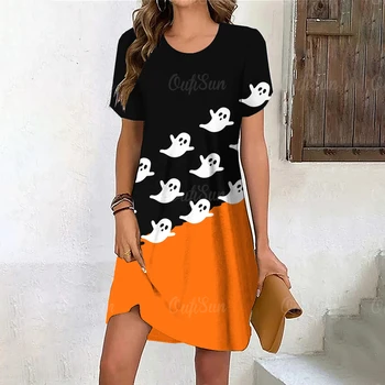 Женска тениска с дължина до коляното на Хелоуин 2023 топ с къс ръкав, Модни западна градинска дрехи, Свободни дамски пуловери голям размер, тениски