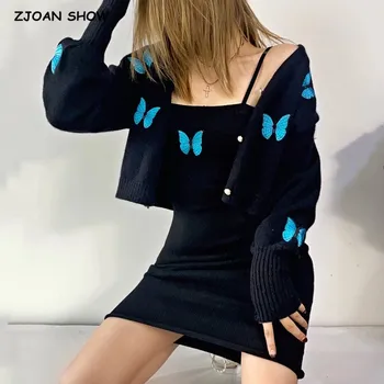Жилетка с пеперуда в ретро стил с бродерия, вязаный пуловер в корейски стил с дълъг ръкав, яка-часова, дълга рокля Midi в областта на бедрата, 1 комплект