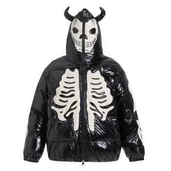 Зимата памучно палто с качулка, палта в стил хип-хоп, улични дяволът, тъмно вышитое палто с виртуален скелет, памучно палто с качулка, палта за мъже