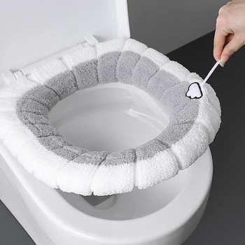 Зимно топло покритие на седалката за тоалетна, Моющееся седалка за тоалетната чиния в банята с дръжка, Удебелена Мека възглавница, Вязаное топло седалка за тоалетна