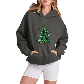 Зимно яке Дамски ежедневни модни Мешковатая hoody с качулка с дълъг ръкав и джоб с Коледните принтом, пуловер с качулка