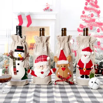 Коледна капачка за бутилка вино, Памук, ленени торбички за червено вино, украса банкетного плот за весели Коледно парти, Декорация на масата