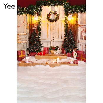 Коледно дърво Yeele, Дървена врата, Снежна пол, произход за портретна фотография на детето, фонове за фотографски бижута, фотографско студио