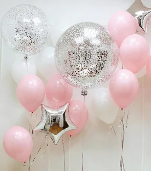 Комбинация от розово-бели латексови балони, 36-инчов Сребърен на топка с конфети за душата на детето, декор за парти по случай рожден Ден, Сватба топки
