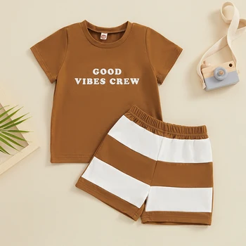 Летни дрехи за новородени момчета, Тениска с къс ръкав и писмото принтом, Топ, Шарени къси панталони, Ежедневни облекла от 2 теми