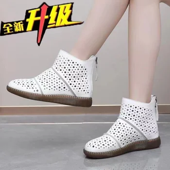 Летни обувки за жени, новост 2023 г., годината на реколтата дишащи дамски обувки на плоска подметка, дамски ежедневни обувки от мека кожа на платформа с цип