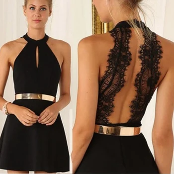 Летни Секси Мини рокли за жени 2023 с кръгло деколте, без ръкави, С отворен гръб, Черно Дантелено рокля