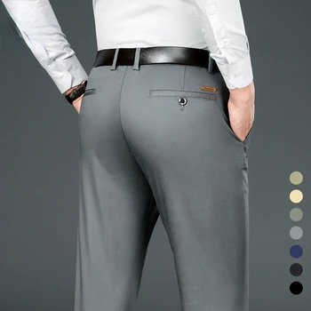 Марка Дрехи, мъжки Панталони Директно намаляване, Мъжки Пролет-лято Бизнес Стрейчевые Сиви Панталони Цвят Каки, Черни Тънки Панталони, Мъжки Размер на 40 42