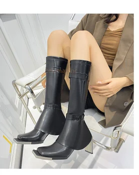 Метални модни обувки с квадратни пръсти, дамски дизайнерски ниша ботуши до коляното на високи токчета, Дамски есенно-зимни градинска обувки 2022 г.
