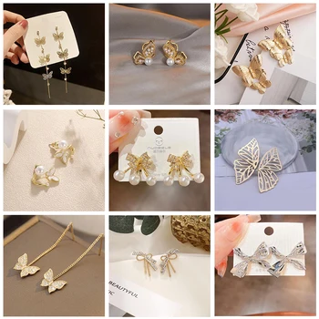 Модерни обеци-пеперуди с кристали за жени, златни Корейски обеци-карамфил с кристали и перли, 2 в 1, бижута за партита обеци