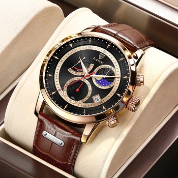 Модни Луксозни кварцов мъжки часовник LIGE, бизнес водоустойчиви часовници за мъже, случайни спортен хронограф, кожени ръчни часовници с оригиналната дата