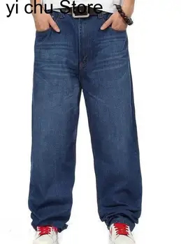 Модни широки дънки с мъжки от тъмно синьо в стил хип-хоп, свободни мъжки дънки за скейтборд, по-големи размери 30-46, панталони-боттоны