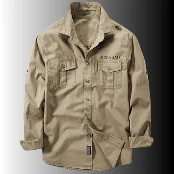 Мъжки пролетни ежедневни ризи с дълъг ръкав, риза от чист памук, мъжки есенни обикновена риза-карго във военната стил, марка дрехи Camisa