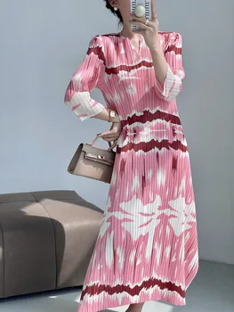Плиссированное лятото ново рокля с V-образно деколте и принтом висок клас, елегантна дълга рокля трапецовидна форма с цепка, 2023 г.